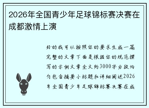 2026年全国青少年足球锦标赛决赛在成都激情上演