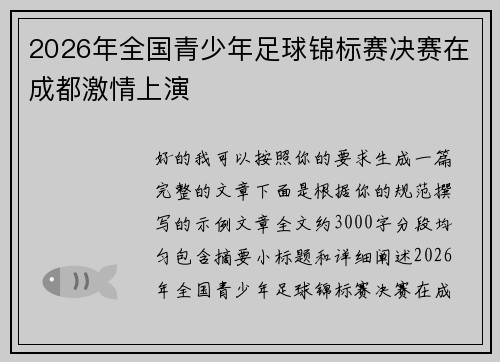 2026年全国青少年足球锦标赛决赛在成都激情上演